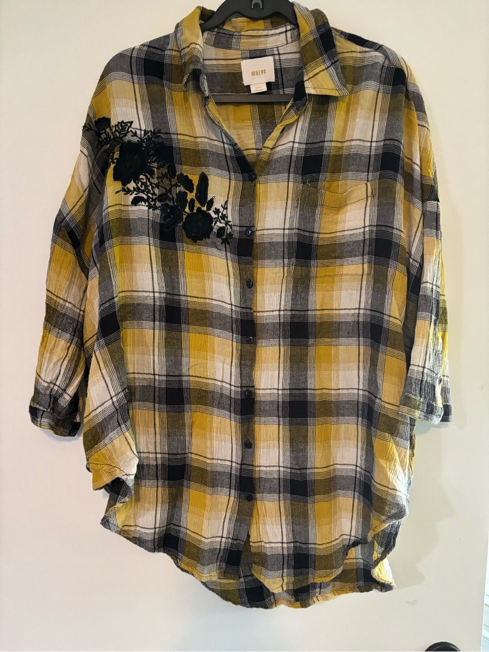 Maeve Yellow and Black Plaid Button-Down Shirt with Black Floral Accent